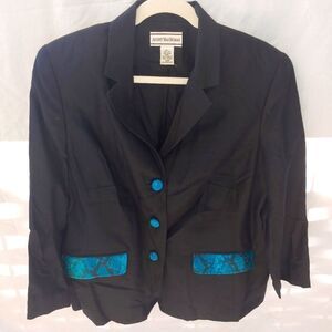 August Max VINTAGE Womens Size 14W Black W/ Aqua Faux Snakeskin Accent Blazer.